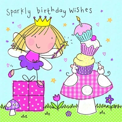 Image of Twizler Happy Birthday Card for Girl Fairy Princess with Present, Cupcakes, Swarovski Crystal Finish and Cut Out Bookmark Childrens Girls