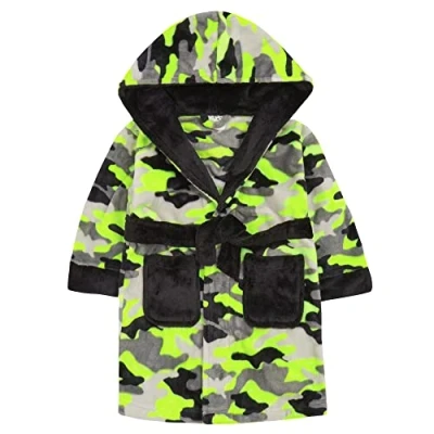 Image of Kids Boys Hooded Neon Camo Dressing Gown Bath Robe Sleepwear 13 Years
