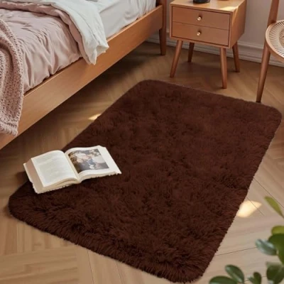 Image of Aspire Homeware Rugs Living Room Brown Area 50x80cm for Bedroom Anti Slip Modern Super Soft Thick Pile Small Fluffy Shaggy Rug Non Shedding