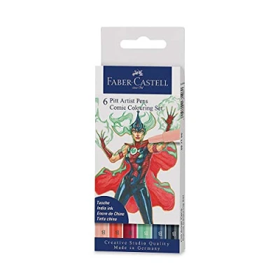 Image of Faber Castell Creative Studio Pitt Artist Pen Brush India Ink Pen, Comic Colouring set, Pack of 6, For Art, Craft, Drawing, Sketching, Home, School, University,