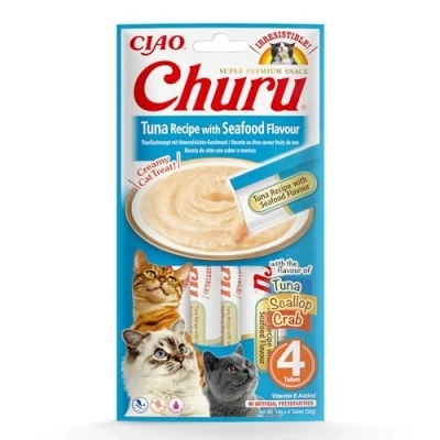 Image of Ciao Churu Sticks by INABA Cat Treat Tuna Recipe with Seafood Flavour (4 x 14g) / Soft &amp; Creamy Treat, Delicious Healthy Snack, Purée Food Topper, Pill Assist, Natural, Grain Free