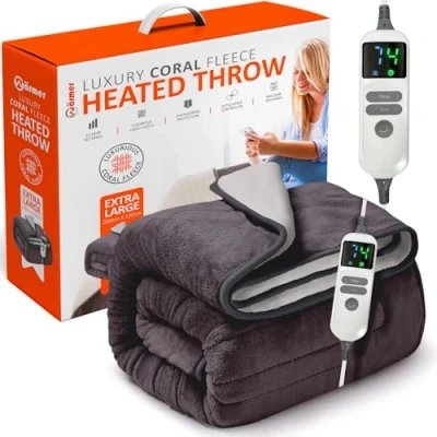 Image of Warmer Electric Heated Throw Blanket Extra Large 200 x 130cm Digital Controller Timer, 9 Heat Settings, Auto Shutoff Machine Washable