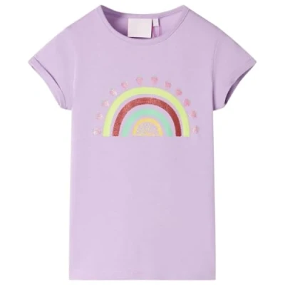 Image of vidaXL Kids&#039; T Shirt Size 140 Lilac Tee with Rainbow and Strawberry Print, Short Sleeves, Round Neckline, Cotton Stretch Blend for Children 9 10 Years