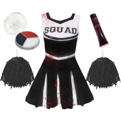 Image of Girls Halloween Zombie Cheerleader X Large Black Cheer Dress, Pom Poms, Fake Blood, Facepaint Fancy Dress Costume