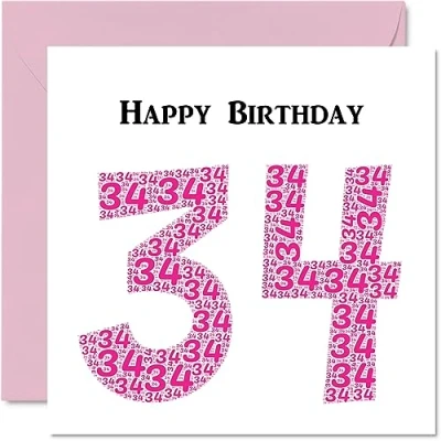 Image of Fun 34th Birthday Cards for Woman Shapecloud Happy Card Dad Mum Son Daughter Brother Sister Uncle Auntie Cousin, 145mm x Greeting Cards,