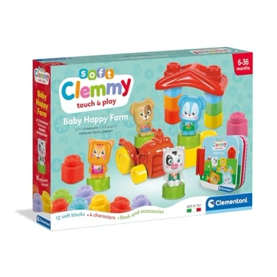 Image of Clementoni 17884 Soft Clemmy Baby Happy Farm First Childhood Building Set, Stones, Blocks for Children 6 Months, Sensory Play, Washable, Made in Italy