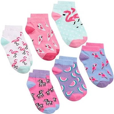 Image of Metzuyan 6 Pairs Girls Trainer Liner Ankle Socks Novelty Cotton Rich Design School Tropical 8.5