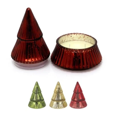 Image of Glass Christmas Tree 2 wick Scented Candle Ivory Wax Aromatherapy Mottled Holder With Fragrance Aroma Gift 17cm Colour Varies One Supplied
