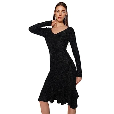 Image of TRENDYOL Women&#039;s Damen Gerade Midi Lange Ärmel Tag Nacht Schlank Kleid Dress, Black, L