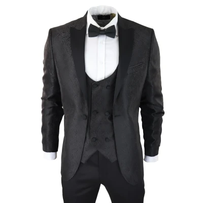 Image of TruClothing.com Mens Black Tuxedo Blazer Waistcoat Brocade Satin Paisley Formal Dinner Jacket