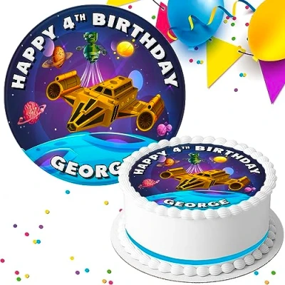 Image of SPACE ROCKET SHIP HAPPY BIRTHDAY PERSONALISED 7.5 INCH EDIBLE ICING CAKE TOPPER DECORATION SV711