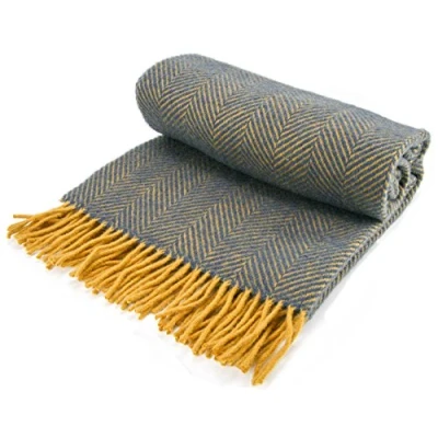 Image of Herringbone Pure New Wool Knee Rug Throw Small Blanket Navy/Mustard British Made by Tweedmill Textiles