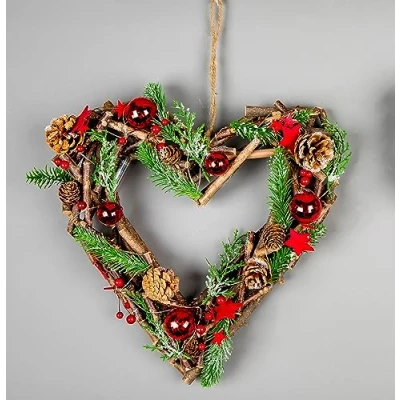 Image of SHATCHI Prelit Battery Operated Christmas Home Hanging Wooden Twigs Base Decorated Baubles,Berries, Foliage,Pine Cones, Micro Rice LED Lights, Wood, Red Stars, Heart 35cm