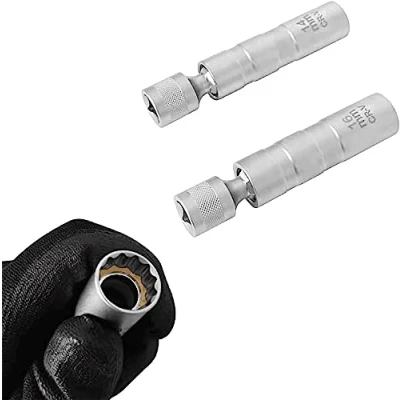 Image of ZKTOOL 2PCS 14mm &amp; 16mm Universal Joint Magnetic Spark Plug Wrench, Thin Wall 12 Point 3/8 Inch CR V Swivel Socket, Puller, Removal Tools