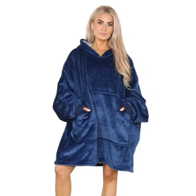 Image of Hooded Blanket with Ultra Soft Sherpa Lining Warm Cosy Oversized Thermal Throw Hoodie (Navy)