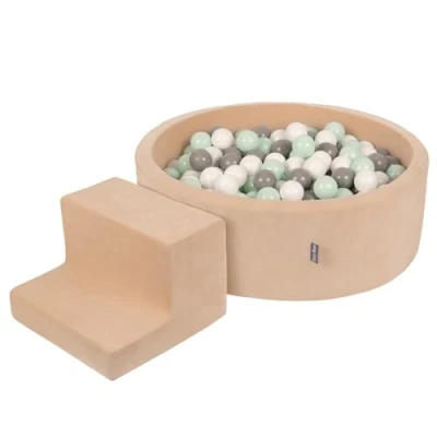 Image of KiddyMoon Foam Playground Velvet For Kids With Round Ballpit (100 Balls ∅ 7Cm/2.75In) Soft Obstacles Course And Ball Pool, Sand Beige: White/Grey/Mint