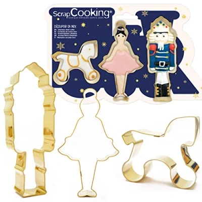 Image of ScrapCooking 2087 3 Biscuit Cutters in Gold Stainless Steel Nutcracker, Dancer &amp; Horse Small Cake Moulds Baking Accessories for Christmas Birthday Decoration