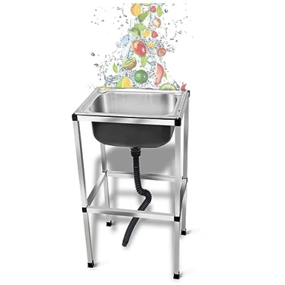 Image of Portable Kitchen Sink, Stainless Steel Utility Freestanding Commercial Wash Basin Sink Outdoor Garden With Drainer Unit (Size : 38x32cm/15x12.6in)