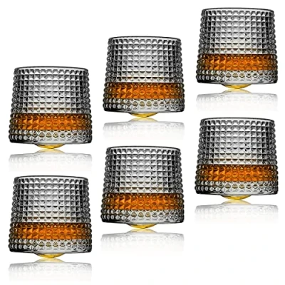 Image of 6 Pack Whiskey Glasses Rotatable Decompression Minkabo Old Fashioned Bar Style Glassware for Bourbon Scotch Rum ( 5 oz) (Minkabo 36)