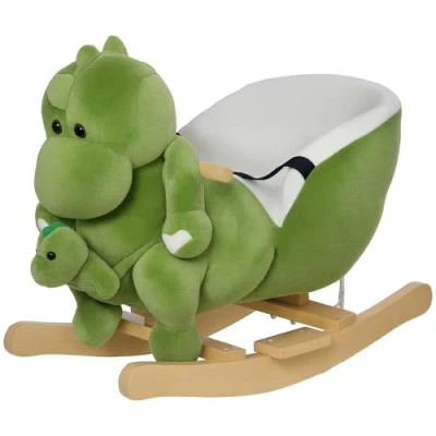 Image of AIYAPLAY Baby Rocking Horse, Plush Ride on Dinosaur Seat with Safety Belt, 32 Songs, Wood Base, Hand Puppet