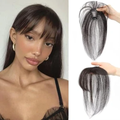Image of Clip in Bangs, Fringe Human Hair, Real Hair Extensions, on Air Bangs for Women Hairpieces Curved Daily Wear, A, brown black