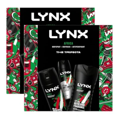 Image of Lynx Africa THE TRIFECTA 48H Protection Body Spray 150ml, 12H Refreshing Wash 225ml and 72H Anti Perspirant 150ml 3 Pieces Ready to Wrap Gift Set for Him,2pk