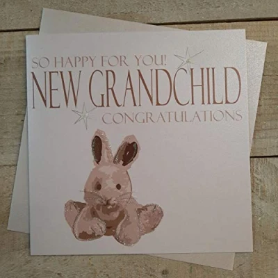 Image of WHITE COTTON CARDS So Happy for You New Grandchild Congratulations, Handmade Baby Card (Silver Bunny, Code N210)