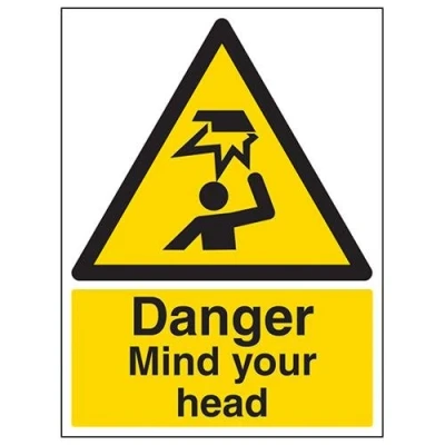 Image of VSafety Danger Mind Your Head Sign Portrait 300mm x 400mm Self Adhesive Vinyl