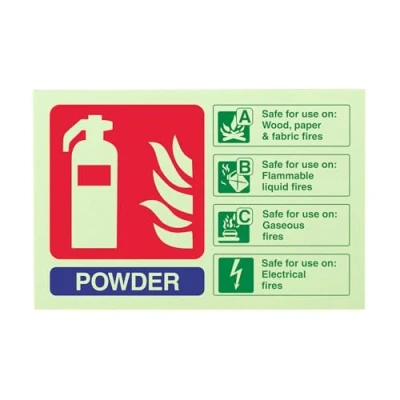 Image of V Safety 11017AL G Glow In The Dark Powder Id Fire Extinguisher Sign 150mm x 100mm Rigid Plastic, Blue/Green/Red