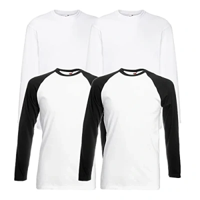 Image of Fruit of the Loom Men&#039;s Valueweight Long Sleeved Sports Top, 2 Base Whiteblack + Ls White 1 Notepad, M