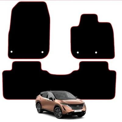 Image of Carsio Carpet Car Mats For Nissan Ariya 2022+ Onwards Tailored Fit Floor Mat Set Complete Accessory Black Custom Fitted All Weather, Anti Slip Backing &amp; Red Trim