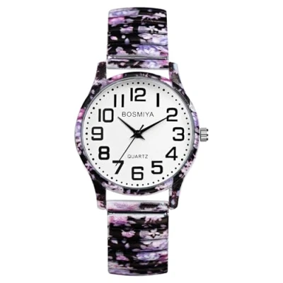 Image of JewelryWe Elastic Watches for Women: Easy Read Analog Quartz Stretch Band Watch Floral Expansion Wristwatch