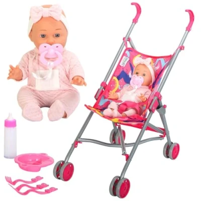 Image of Bibi Doll Baby Set With Pushchair &amp; Feeding Accessories Doll, Stroller, Milk Magic Bottle, Dummy,