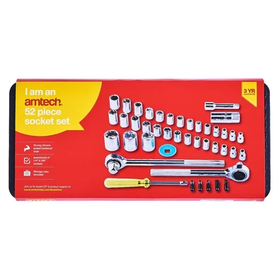 Image of Amtech I0150 Socket Set, 52 Piece Mechanics Tool Kit, Strong Chrome Plated Steel Plus Handy Storage Case