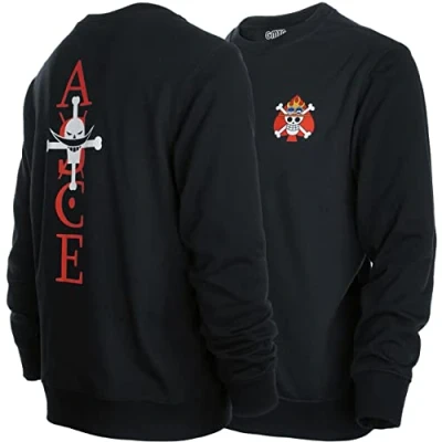 Image of GMYG ONE Ruffy Piece Whitebeard Portgas·D·Ace Logo Luffy Japanese Anime Graphic Premium Cotton Men&#039;s/Women&#039;s Sweatshirts/Jumper（Black,XXL