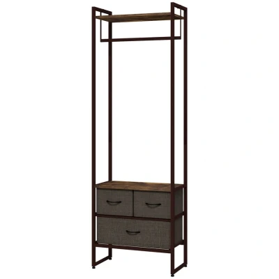 Image of HOMCOM Free Standing Clothes Rail with 3 Fabric Drawers and Storage Shelves, Garment Rack, Hanging for Hallway, Bedroom Living Room, Rustic Brown