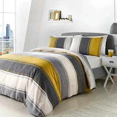Image of Fusion White &amp; Yellow Wide Stripe Duvet Cover Super King Bedding Size (26x 220cm) Contemporary in Ochre Lined Set Betley Classic Collection