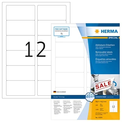 Image of HERMA Self Adhesive Removable Labels, 12 Labels per A4 Sheet, 100 Sheets, 88.9 x 46.6 mm, 1200 Blank Multipurpose Stickers, Sticky for Laser &amp; Inkjet Printer, White