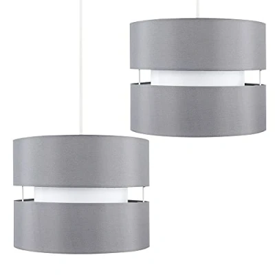 Image of Pair of Modern 2 Tier Cylinder Ceiling Pendant Light Shades in a Grey Finish