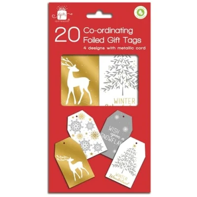 Image of Christmas Gift Tags Metallic Gold Silver &amp; White Stylish Xmas Pack 20 Co Ordinating Foiled