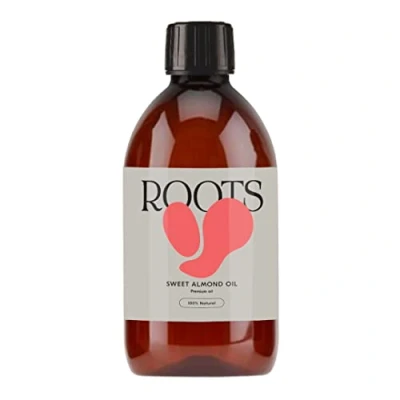 Image of Roots Sweet Almond Oil, suitable for vegans &amp; cruelty free. Rich in essential fatty acids and vitamins. Excellent soothing nourishing skin hair