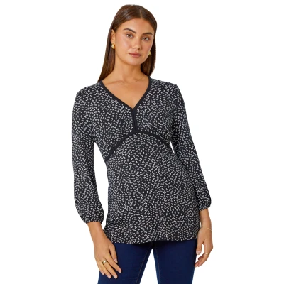 Image of Roman Originals Ditsy Floral Stretch V Neck Top for Women UK Ladies Black Size 10