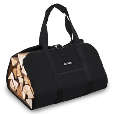 Image of Goture 16Oz Waxed Canvas Log Carrier Bag, Water Resistant Wood Carrying Bag with Firewood Storage Tote for Kitchen Camping Trip Gift(Black)