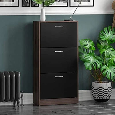 Image of Vida Designs 3 Drawer Shoe Cabinet Cupboard Storage Organiser Pull Down Wooden Furniture Unit (Walnut and Black)