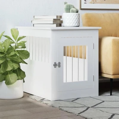 Image of Brokky Dog Crate Furniture White 55x75x65 cm Engineered Wood,Large Furniture,Large Indoor Wood Kennel,Heavy Duty Metal Cage Table