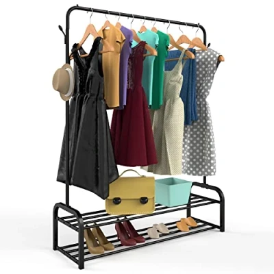 Image of Vinsani® Clothes Rail Stand with Double Shoe Rack Modern Minimalist Design Heavy Duty Multifunctional Organiser Hanging Garments Shirt Dress Shoes Display for Entrance Hall Home Office Black