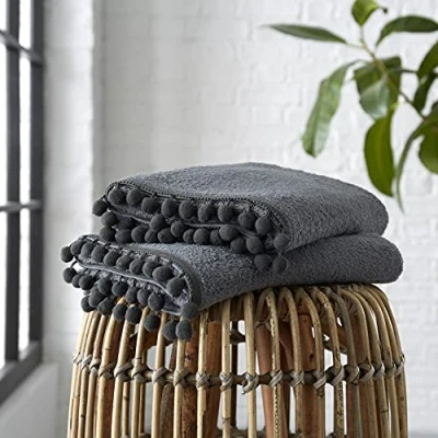 Image of GC GAVENO CAVAILIA Luxury 2PK Pom Pure Cotton 550 GSM Hand Ultra Soft Super Absorbent Sheets, Egyptian, Charcoal, Pack of 2 Bath Towel