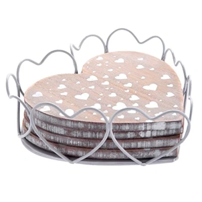 Image of Carousel Home Love Hearts Wooden Whitewash Shabby Chic Heart Shaped Drinks Coasters with Wire Holder