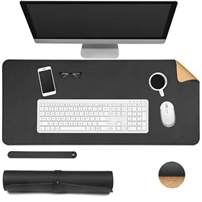 Image of Ewolee Desk Pad, Office Mat 70 * 30cm Natural Cork PU Leather Protector Non Slip Waterproof Laptop Keyboard Mouse for Home School(Black + Cork)