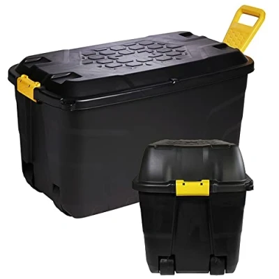 Image of STORM TRADING GROUP Heavy Duty Robust Black Storage Trunk With Wheels &amp; Handles 110 Litre 145 XL Capacity Great for Indoor Outdoor (110 Litre, 2 x Boxes)